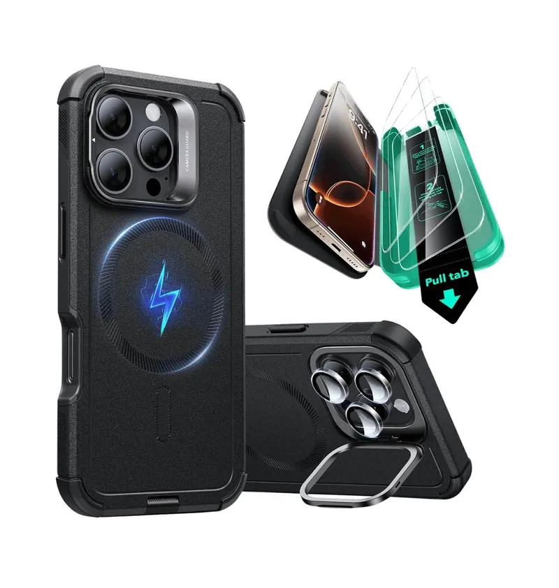 ESR Cyber Tough Case with Stash Stand Protection Bundle for iPhone 16 Pro